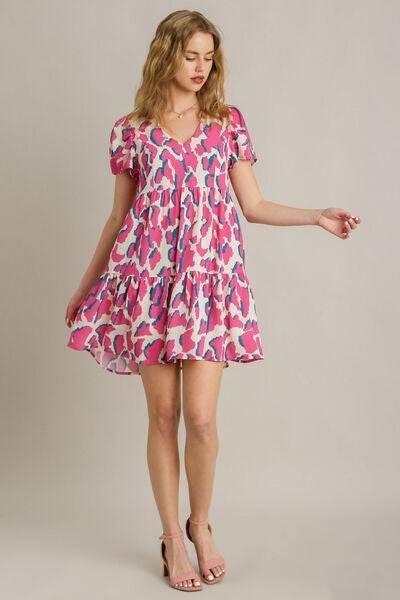 Umgee Full Size Abstract Print Pleat Detail Short Sleeve V-Neck Tiered Dress Plus Size - Clothes For Her Online Store