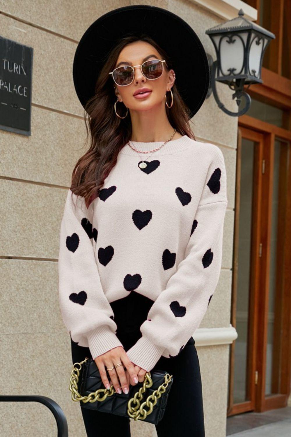 Woven Right Heart Pattern Lantern Sleeve Round Neck Tunic Sweater - Clothes For Her Online Store