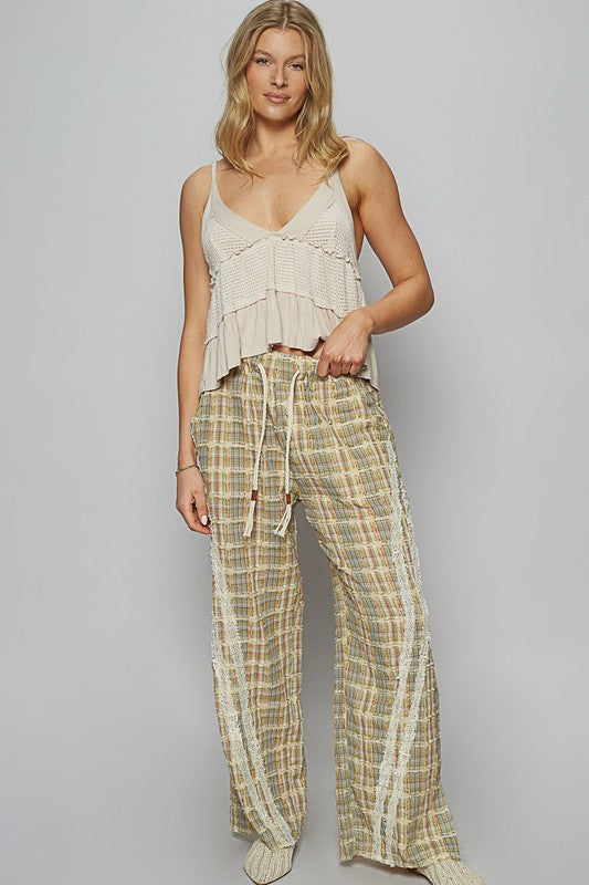 POL Lace Trim Drawstring Checkered Wide Leg Pants - Clothes For Her Online Store