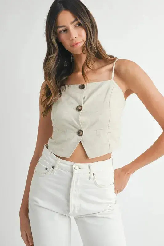MABLE Linen Mix Button Down Tank Top - Clothes For Her Online Store