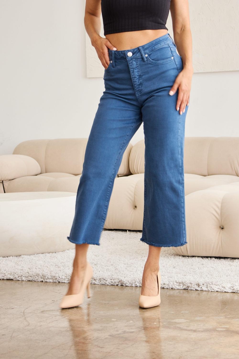 RFM Crop Chloe Full Size Tummy Control High Waist Raw Hem Jeans - Clothes For Her Online Store