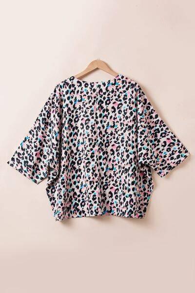Plus Size Leopard V-Neck Three-Quarter Sleeve Blouse - Clothes For Her Online Store