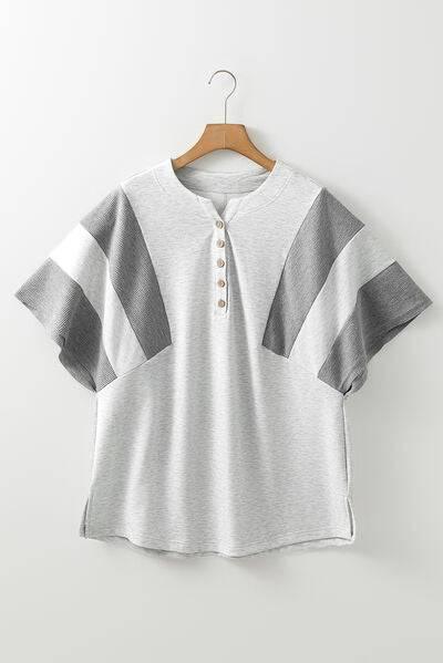 Two Tone Contrast Waffle Knit Patched Buttoned V Neck Top - Clothes For Her Online Store