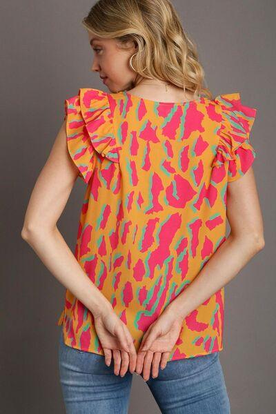 Umgee Full Size Abstract Print V-Neck Double Layer Ruffle Sleeve Blouse Plus Size - Clothes For Her Online Store
