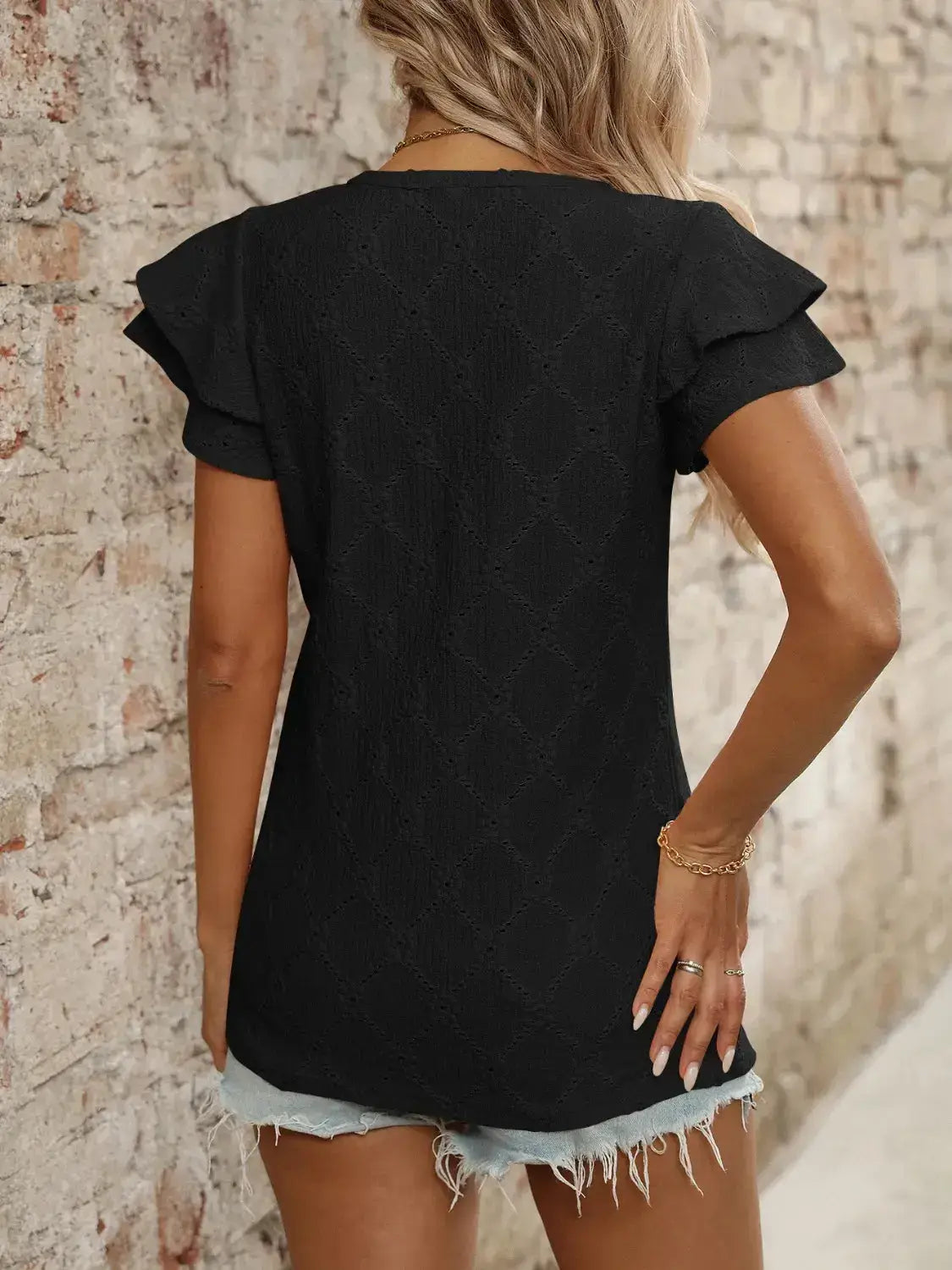 Eyelet V-Neck Ruffled Cap Sleeve Top - Clothes For Her Online Store