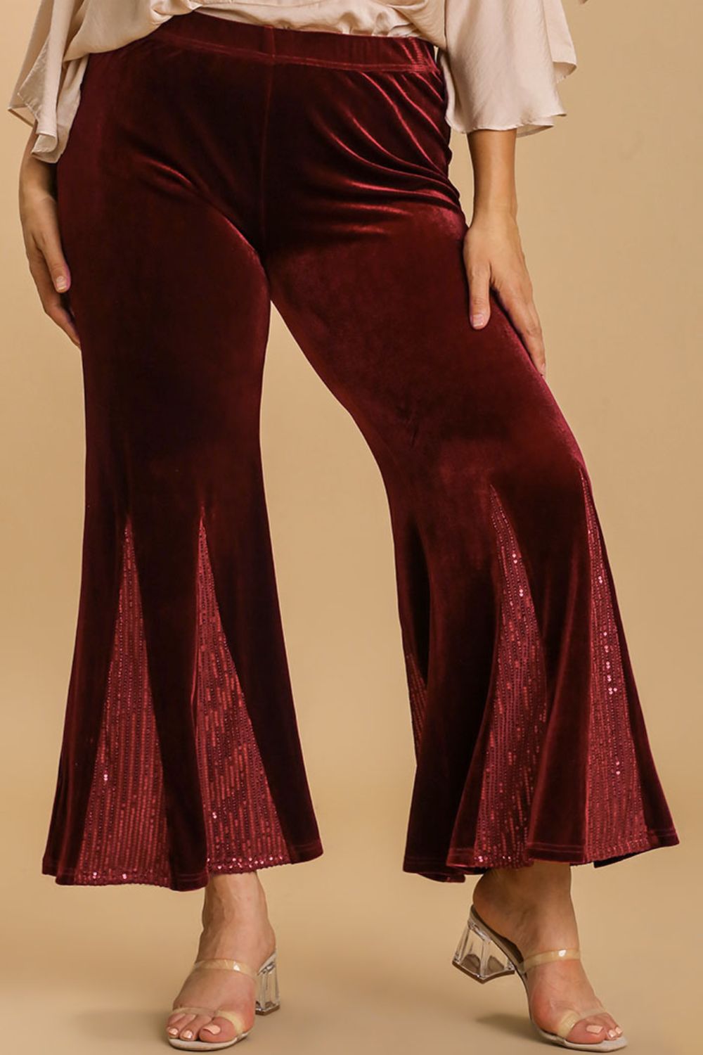 Umgee Full Size Sequin Elastic Waist Velvet Stretch Flare Leg Pants Plus Size - Clothes For Her Online Store
