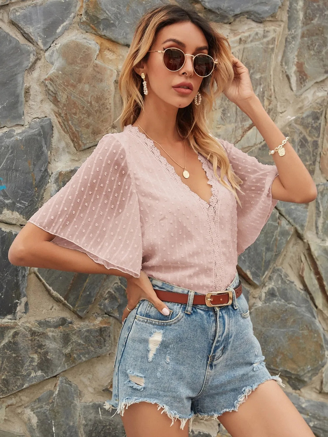 Lace Detail V-Neck Siwss Dot Blouse