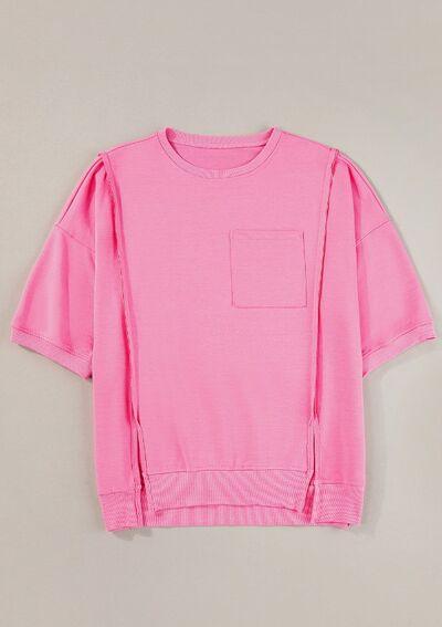 Exposed Seam Side Slit Round Neck Top - Clothes For Her Online Store