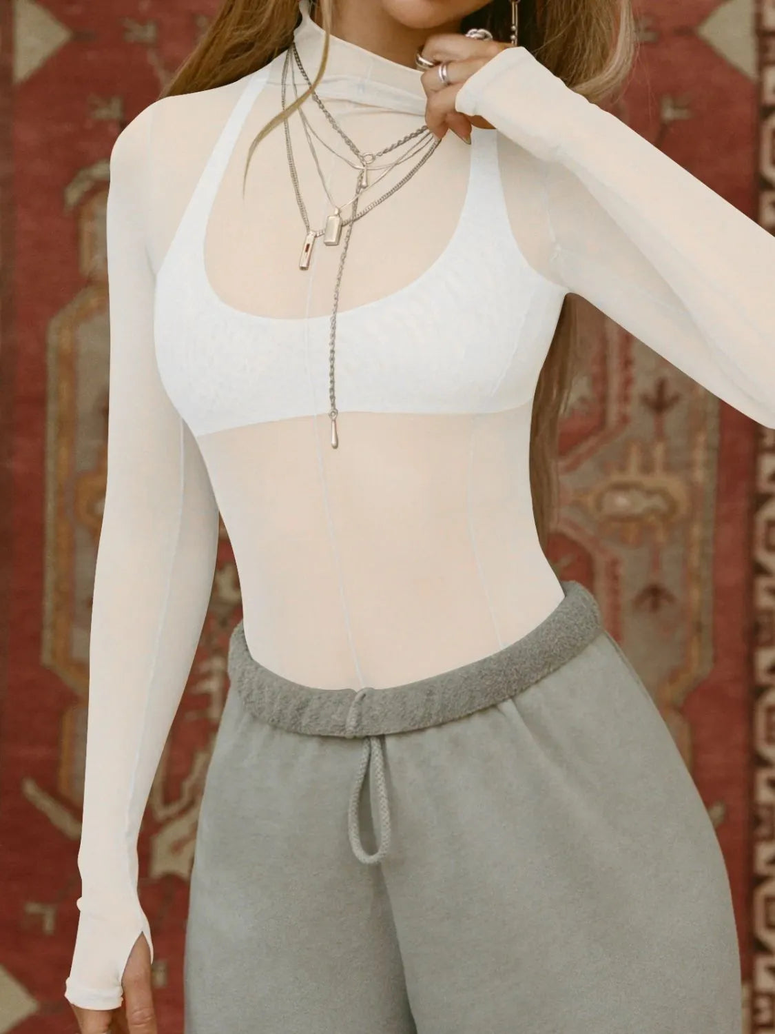 Mock Neck Long Sleeve Sheer Top