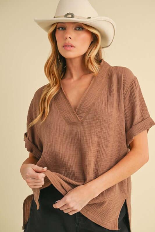 Aemi + Co Side Slit V-Neck Short Sleeve Blouse - Clothes For Her Online Store