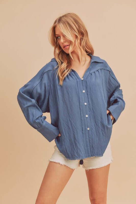 Aemi + Co Raw Hem Button Down Raglan Sleeve Shirt - Clothes For Her Online Store