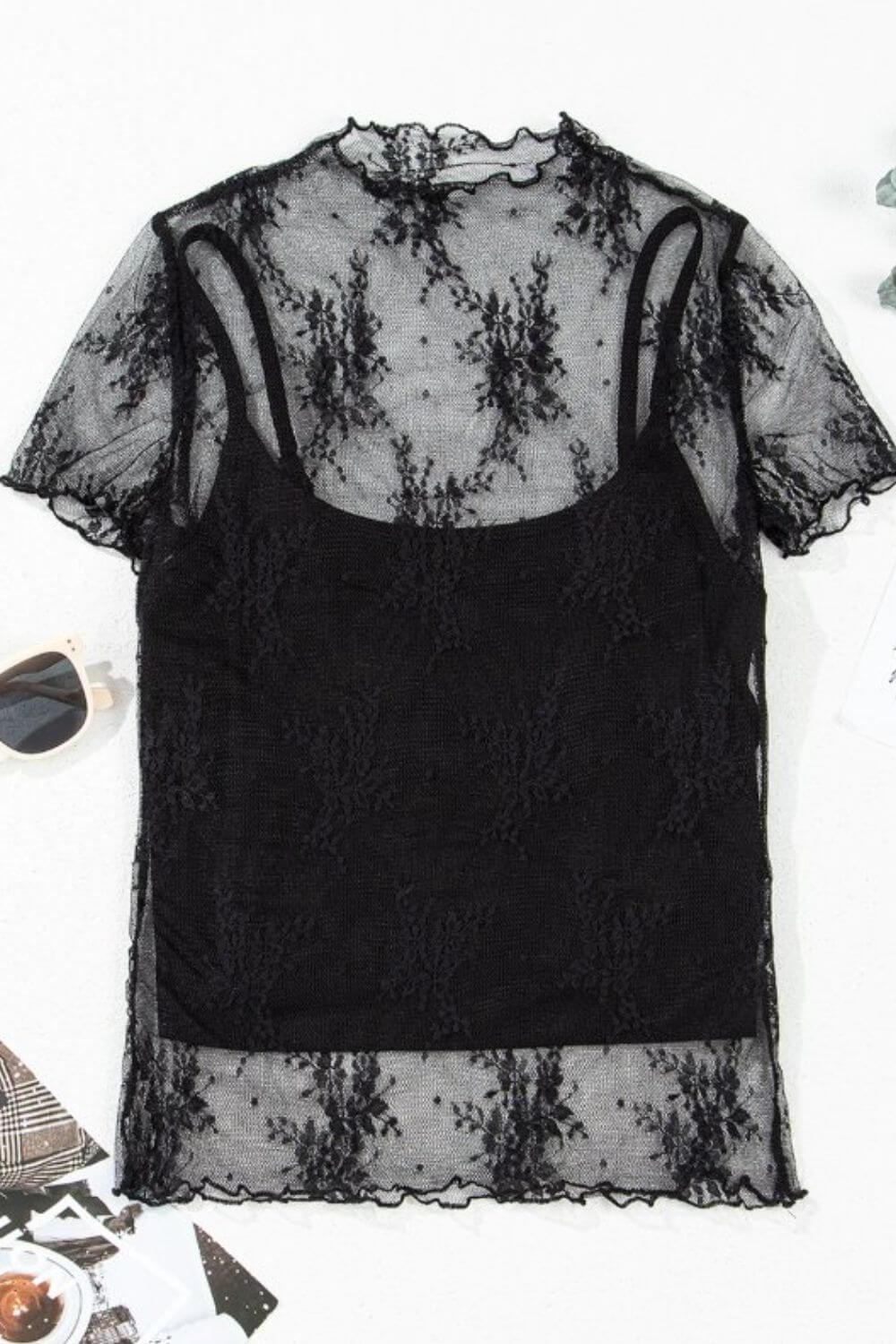 Floral Sheer Mesh Short Sleeve Top and Cami Set - Clothes For Her Online Store
