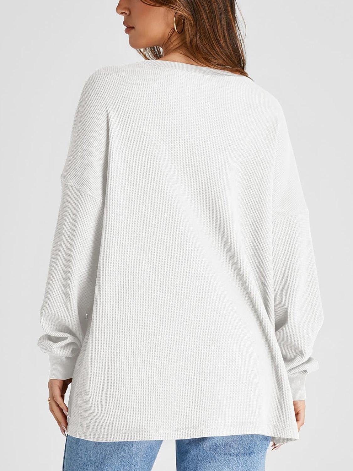 Waffle Knit Round Neck Long Sleeve T-Shirt - Clothes For Her Online Store