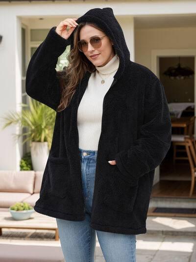 Plus Size Zip Up Long Sleeve Hooded Outerwear - Clothes For Her Online Store