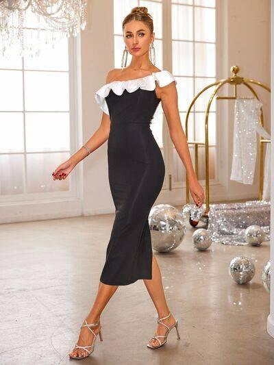 Slit Contrast Single Shoulder Midi Dress - Clothes For Her Online Store