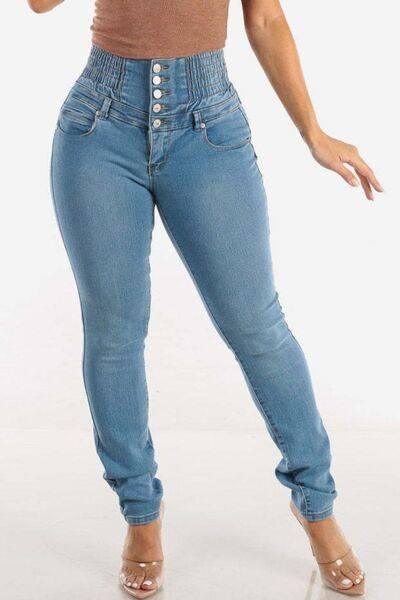 High Waist Buttoned Skinny Hip Lifting Jeans - Clothes For Her Online Store