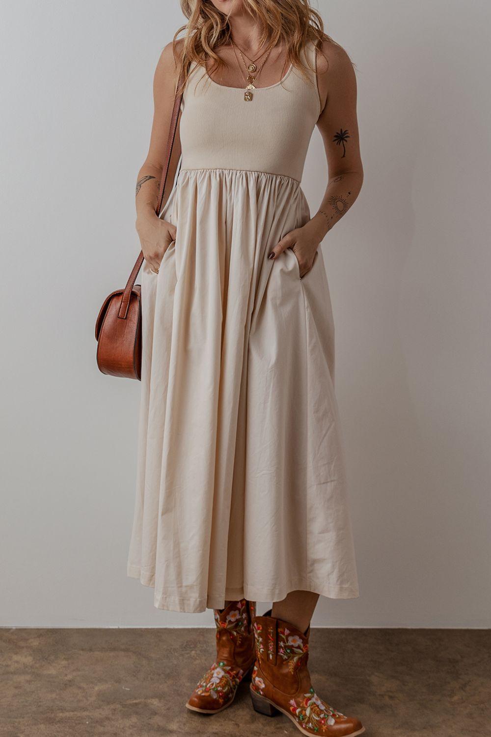 Scoop Neck Ribbed Bodice Sleeveless Midi Tank Dress - Clothes For Her Online Store