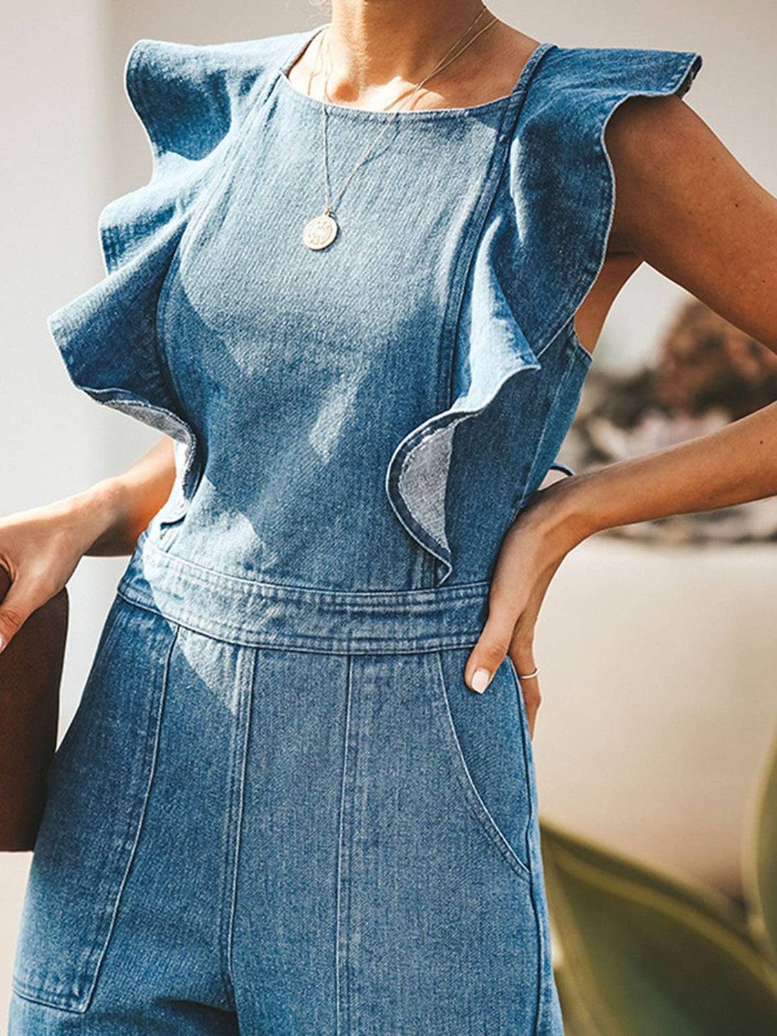 Ruffled Backless Sleeveless Denim Jumpsuit - Clothes For Her Online Store