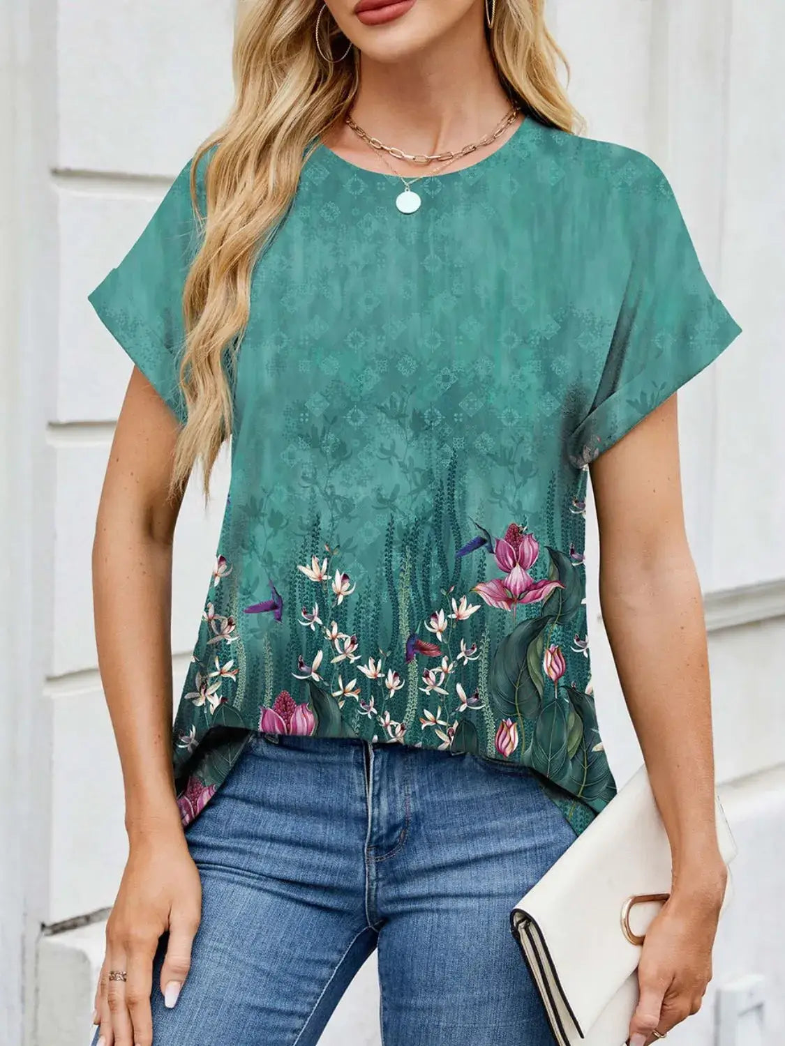 Printed Round Neck Short Sleeve Top - Clothes For Her Online Store