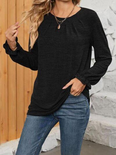 Ruched Round Neck Long Sleeve T-Shirt - Clothes For Her Online Store