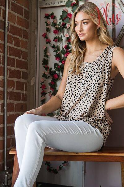 Heimish Full Size Front Button Animal Print Sleeveless Top Plus Size - Clothes For Her Online Store