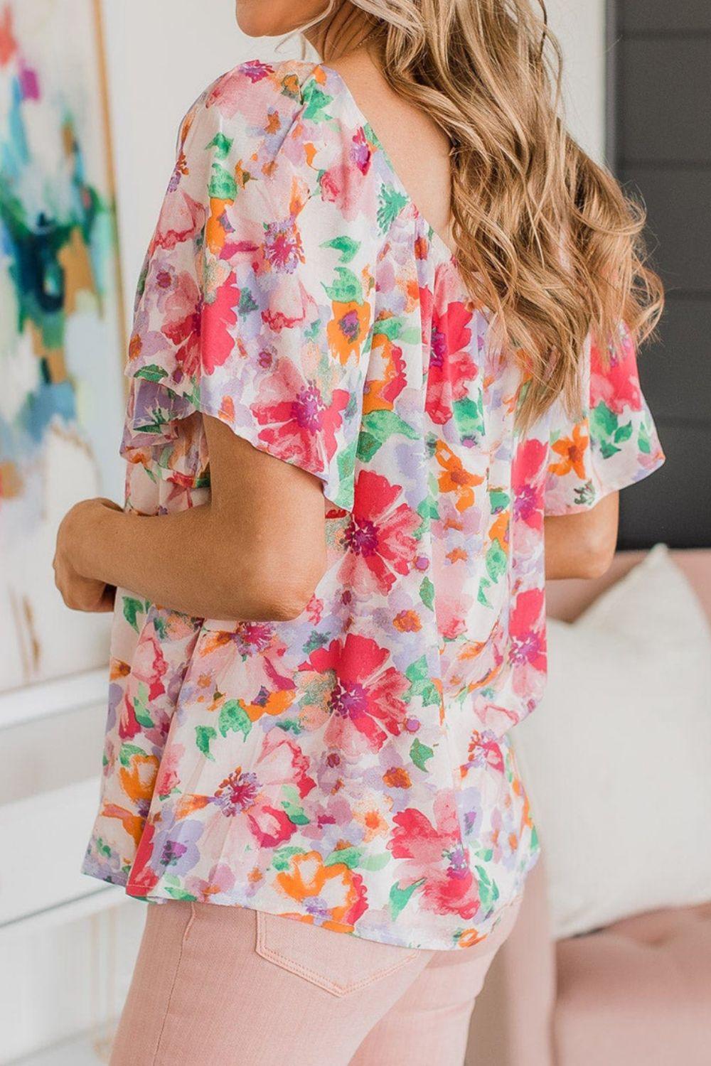 Floral Square Neck Ruffle Sleeve Blouse - Clothes For Her Online Store