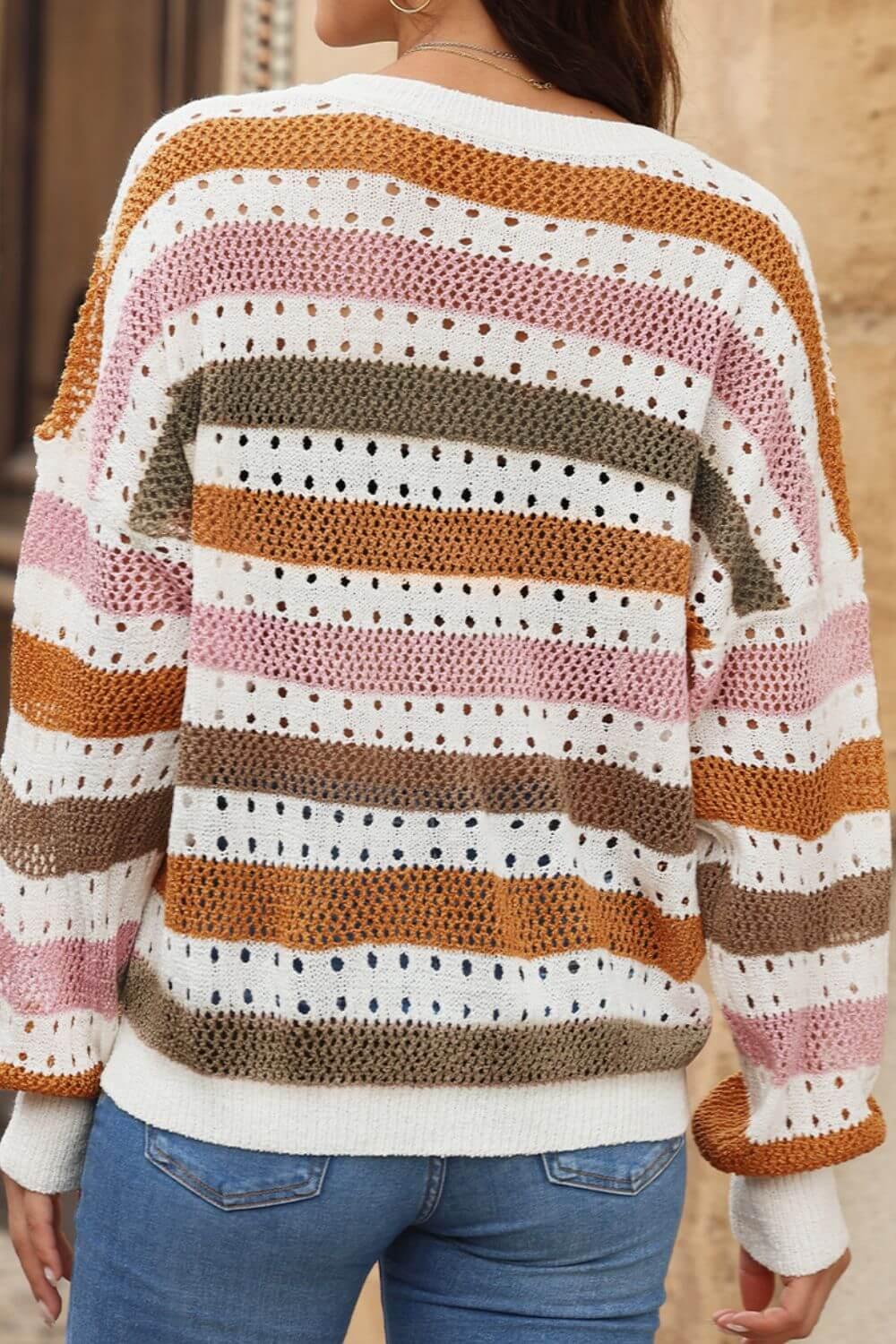 Striped Round Neck Hollowed Sweater - Clothes For Her Online Store