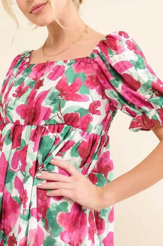 And The Why Smocked Floral Ruffle Short Sleeve Mini Dress - Clothes For Her Online Store