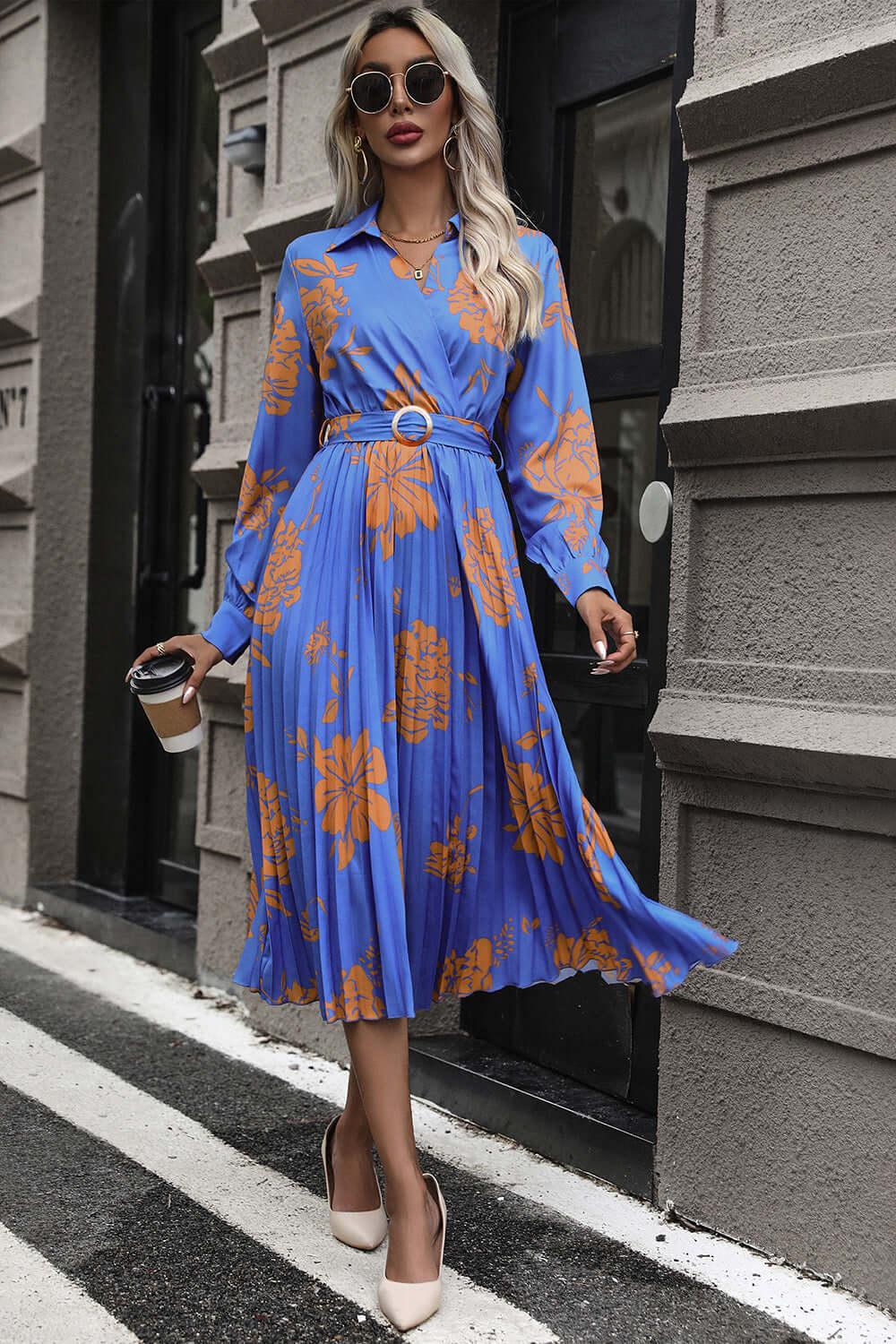 Perfee Floral Pleated Surplice Long Sleeve Midi Dress - Clothes For Her Online Store
