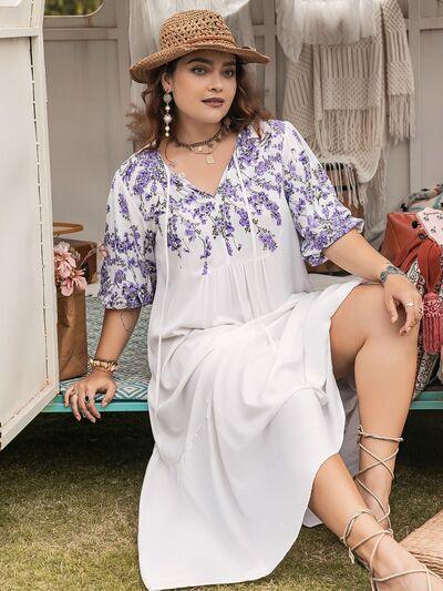 Plus Size Printed Tie Neck Half Sleeve Maxi Dress - Clothes For Her Online Store