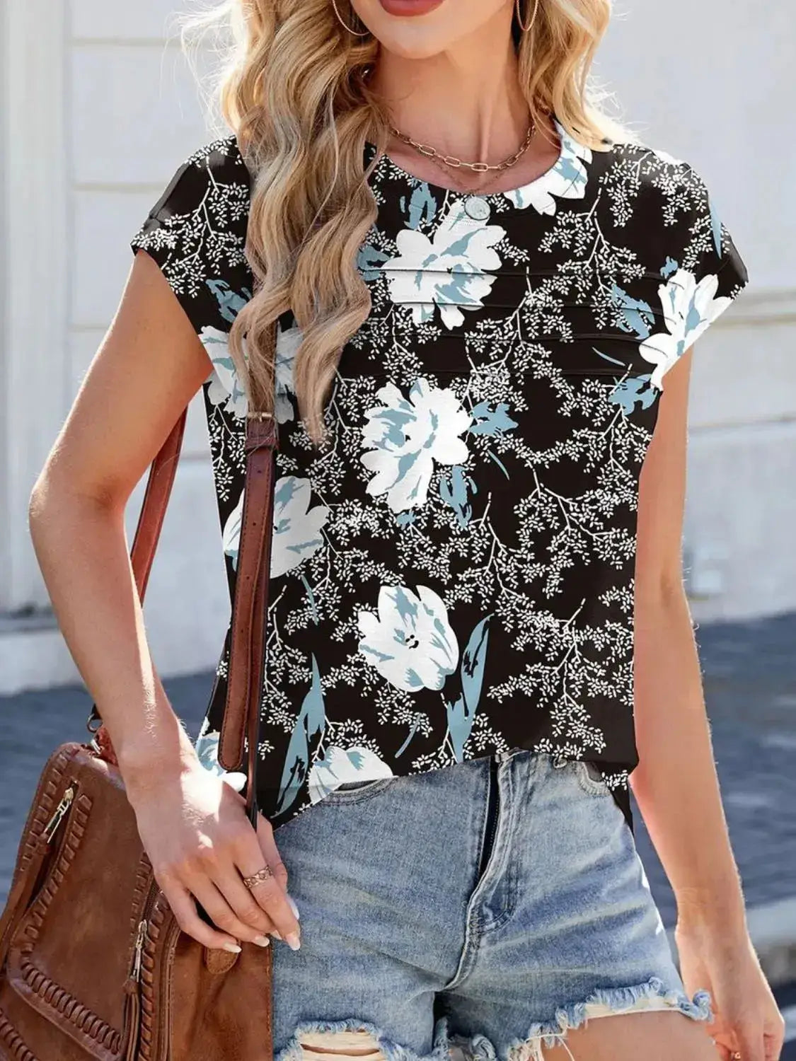 Printed Round Neck Cap Sleeve Top - Clothes For Her Online Store