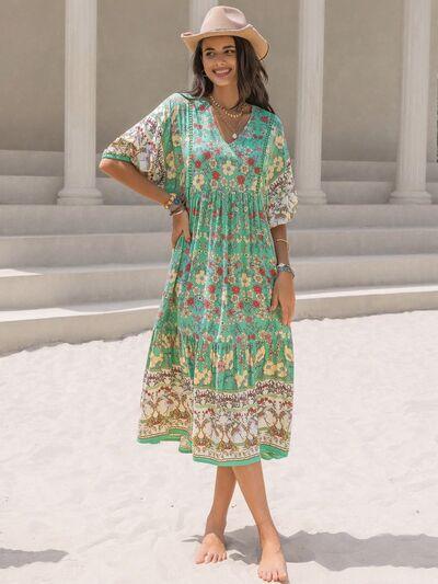Ruched Printed Puff Sleeve Midi Dress - Clothes For Her Online Store
