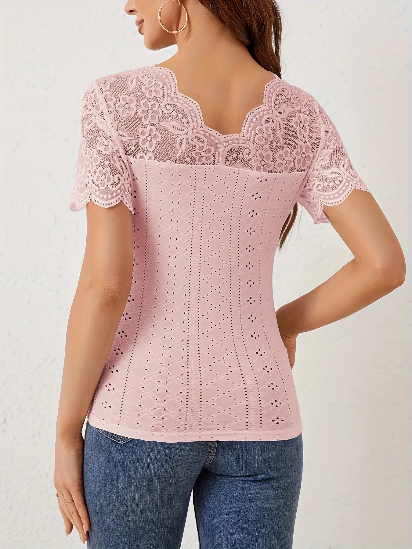 Lace Trim Eyelet Embroidered Summer T-Shirt