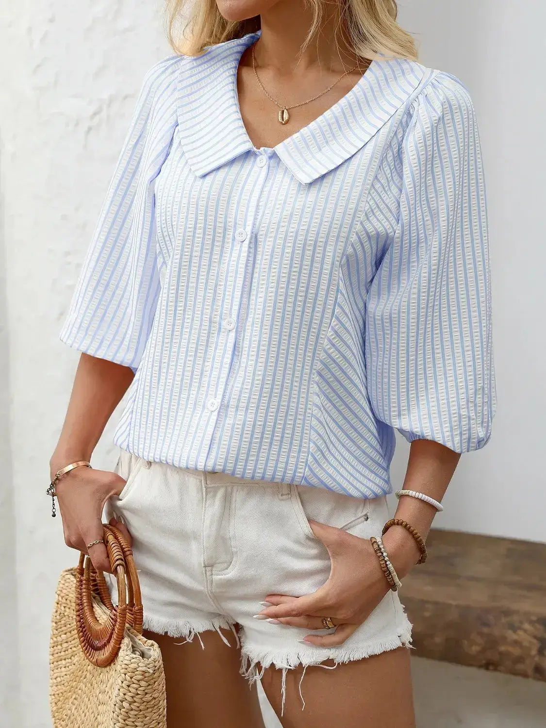 Striped Button Down 3/4 Sleeve Shirt - Clothes For Her Online Store