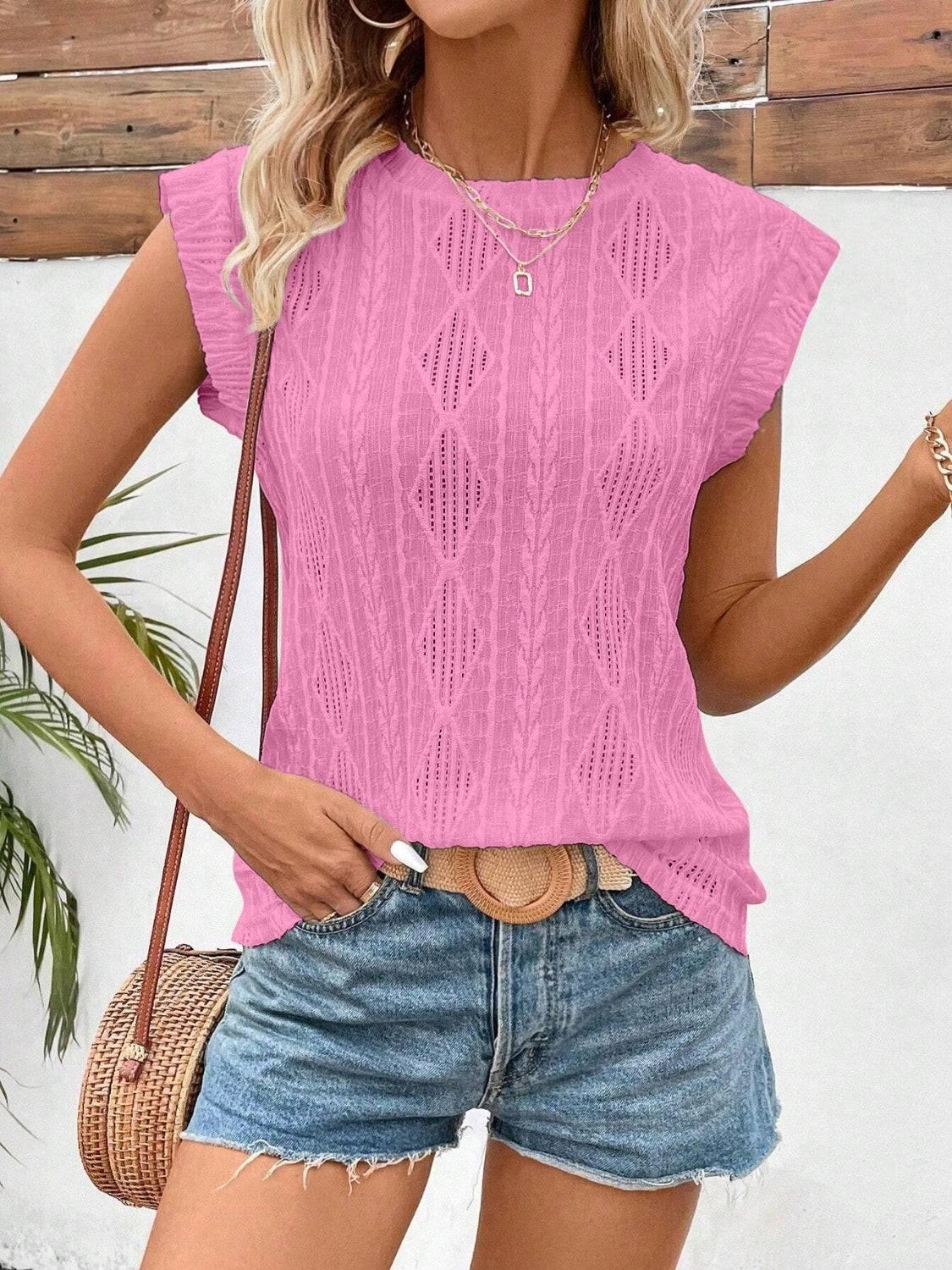 Eyelet Round Neck Cap Sleeve Top - Clothes For Her Online Store