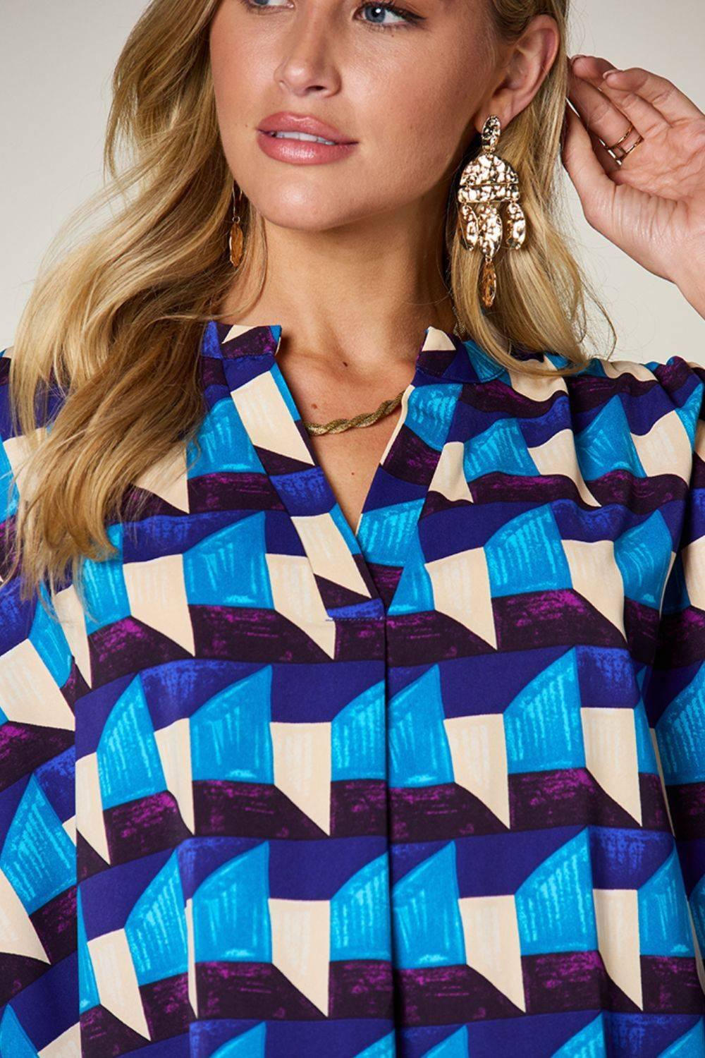 Double Take Full Size Geometric Notched Half Sleeve Blouse - Clothes For Her Online Store