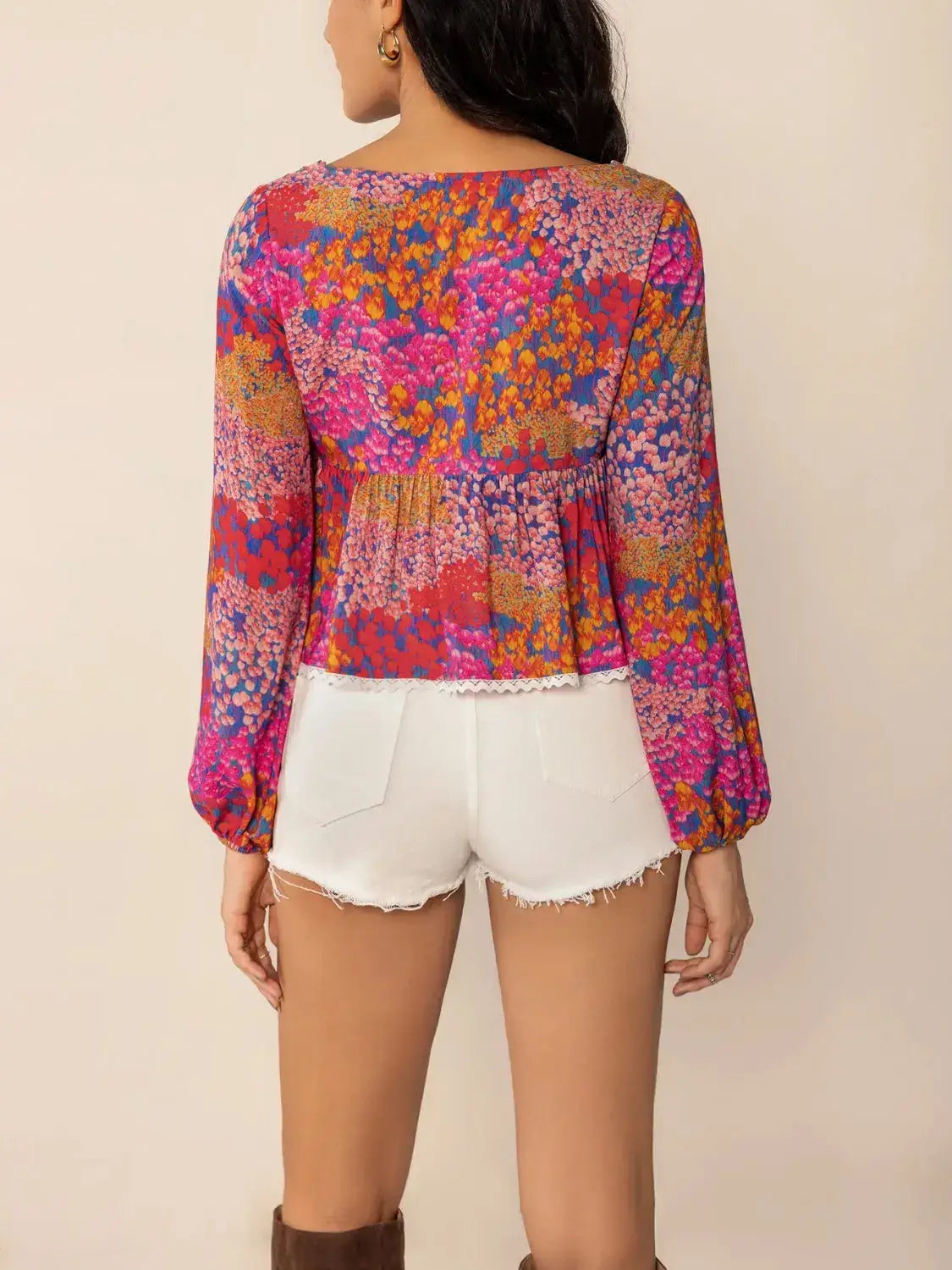 Lace Detail Printed Balloon Sleeve Top - Clothes For Her Online Store