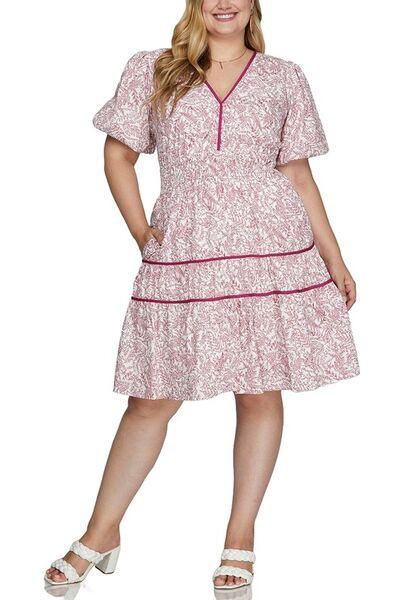 She + Sky Full Size Printed V-Neck Puff Sleeve Tiered Dress Plus Size - Clothes For Her Online Store