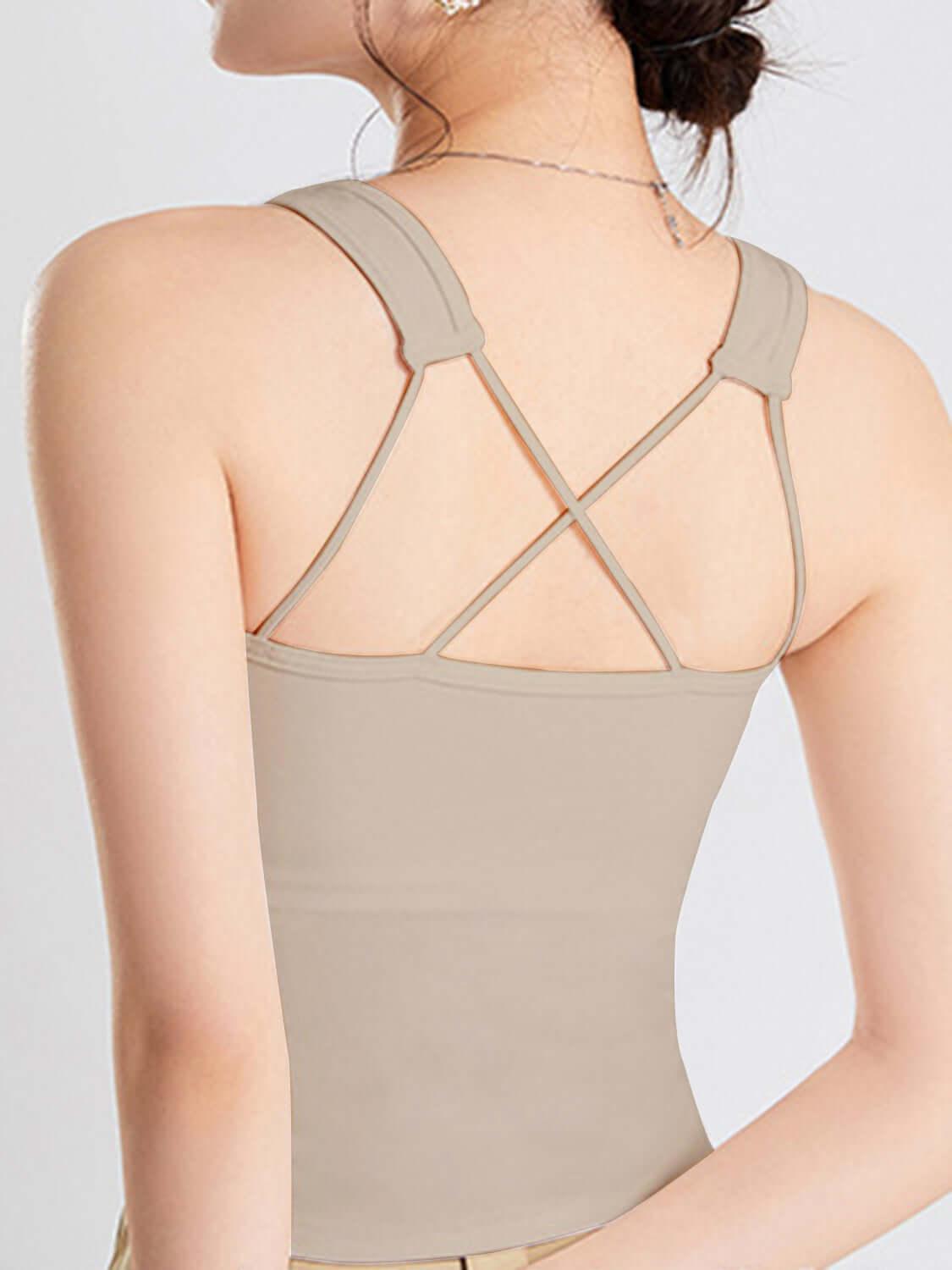 Crisscross Scoop Neck Wide Strap Cropped Tank with Chest Pads - Clothes For Her Online Store