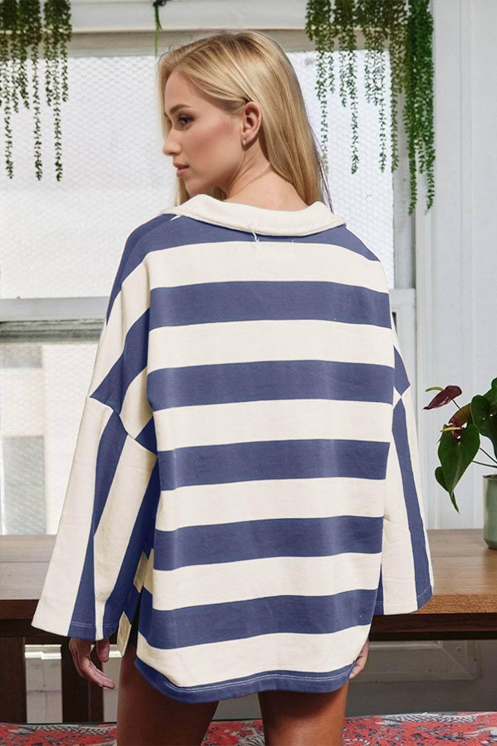 Oh Striped Johnny Collar Long Sleeve T-Shirt - Clothes For Her Online Store