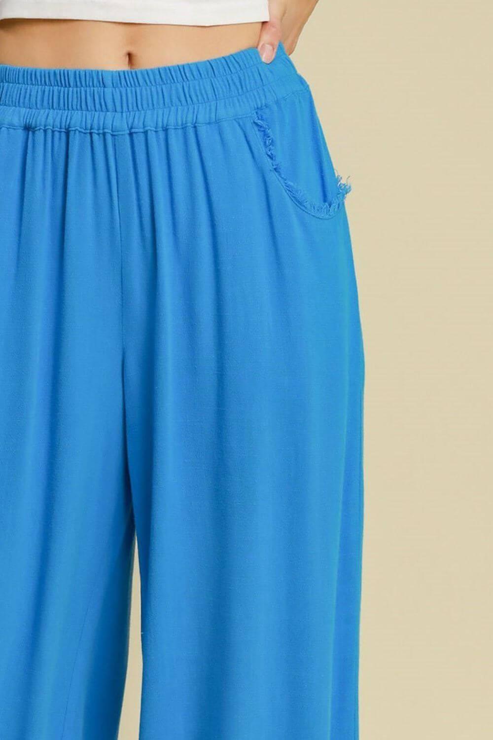 Umgee Full Size Linen Blend Elastic Waistband Wide Leg Pants Plus Size - Clothes For Her Online Store