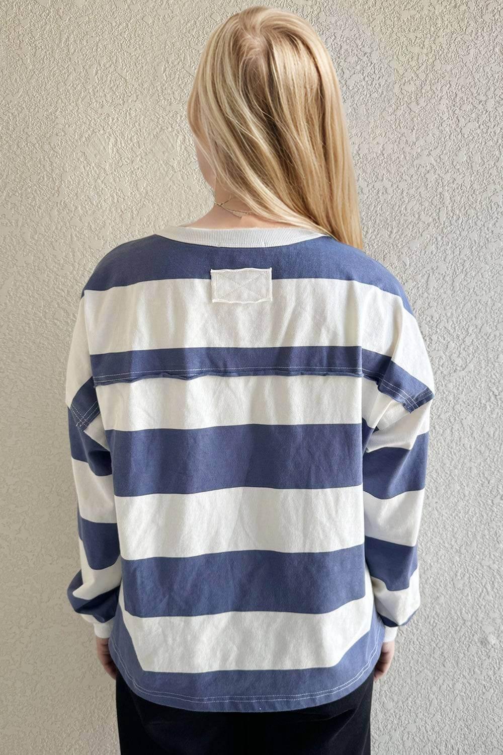 Oh Pima Cotton Wash Exposed Seam Contrast Striped Round Neck Long Sleeve T-Shirt - Clothes For Her Online Store