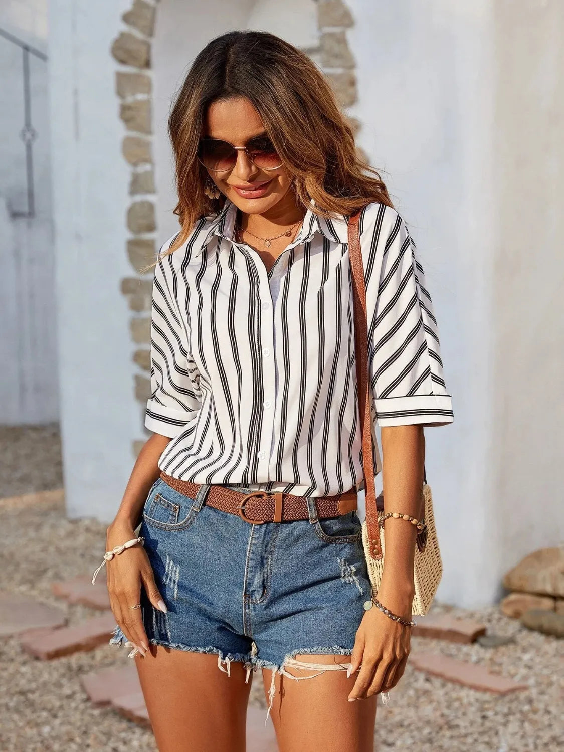 Striped Collared Neck Half Sleeve Shirt