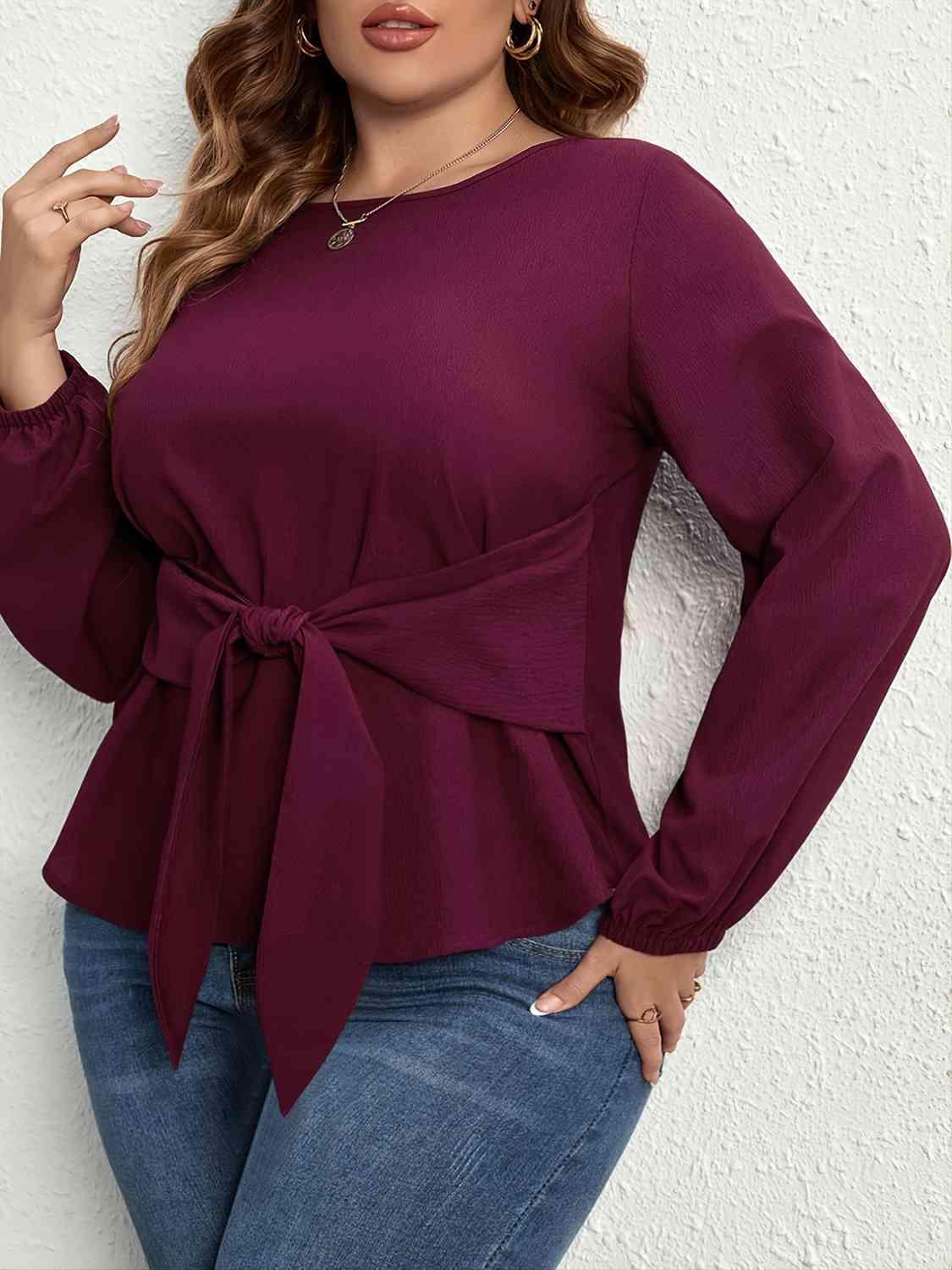 Plus Size Tie Front Long Sleeve Blouse - Clothes For Her Online Store