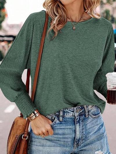 Round Neck Smocked Lantern Sleeve T-Shirt - Clothes For Her Online Store