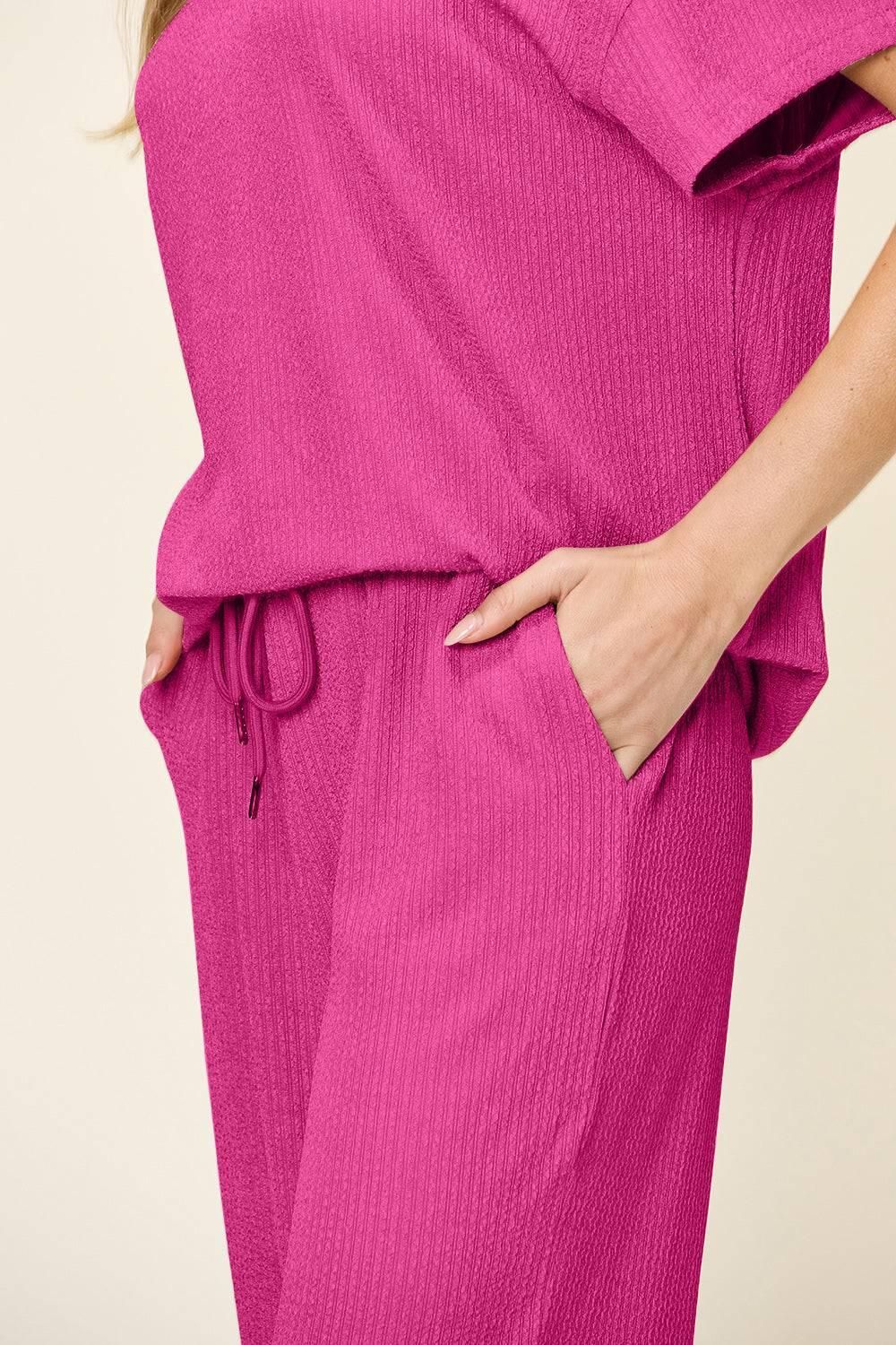 Double Take Full Size Texture Round Neck Short Sleeve T-Shirt and Wide Leg Pants - Clothes For Her Online Store