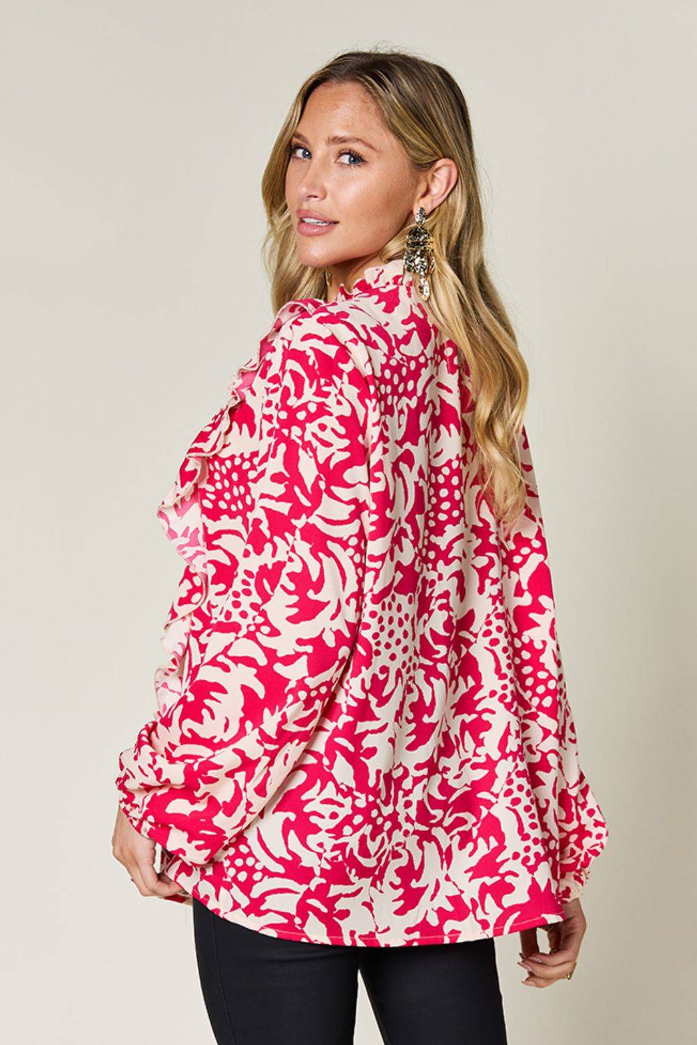 Double Take Full Size Printed Ruffle Trim Balloon Sleeve Shirt - Clothes For Her Online Store