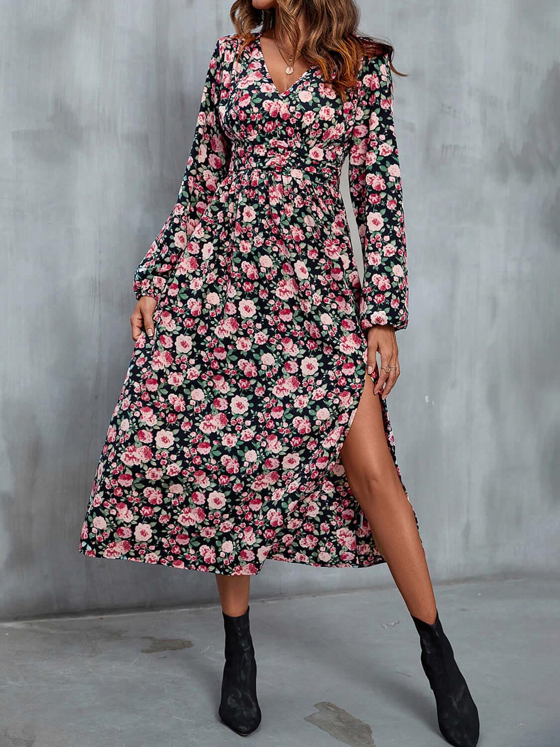 Perfee Floral V-Neck Slit Midi Dress - Clothes For Her Online Store