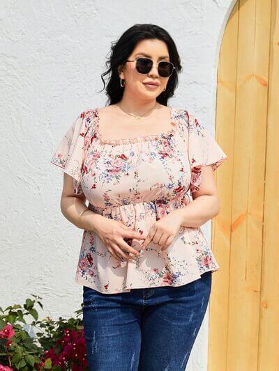Plus Size Frill Printed Flutter Sleeve Blouse - Clothes For Her Online Store