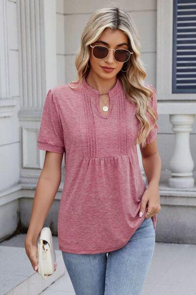 Notched Short Sleeve Solid Color Top - Clothes For Her Online Store